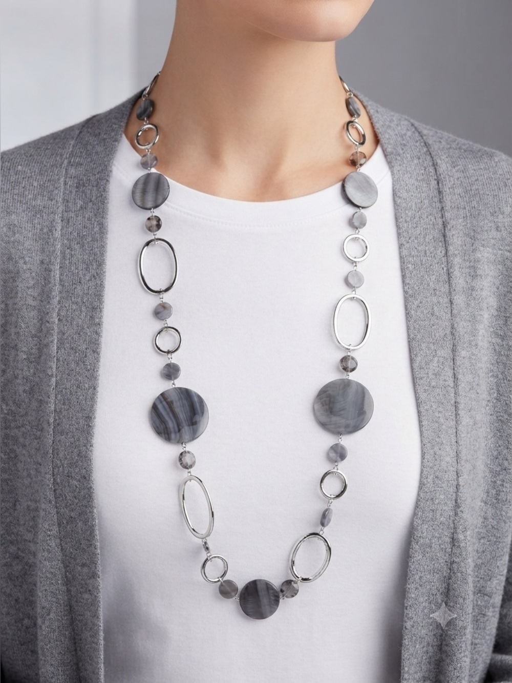Lia Sophia Bungalow Statement Necklace | Gray Shell Disc Hammered Silver Tone